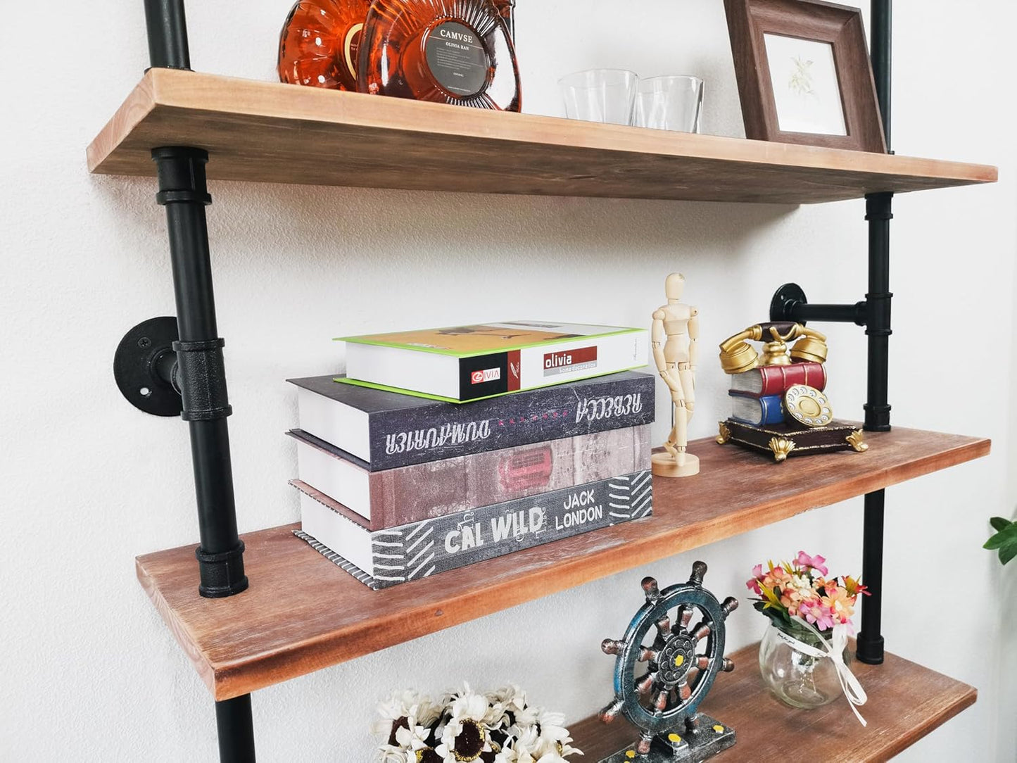 5 Tier Industrial Ladder Shelf Bookcase, Wall Mounted Wood Metal Pipe Rustic Bookshelf for Living Room (Weathered Brown, 10" D x 36" W x 70" H)