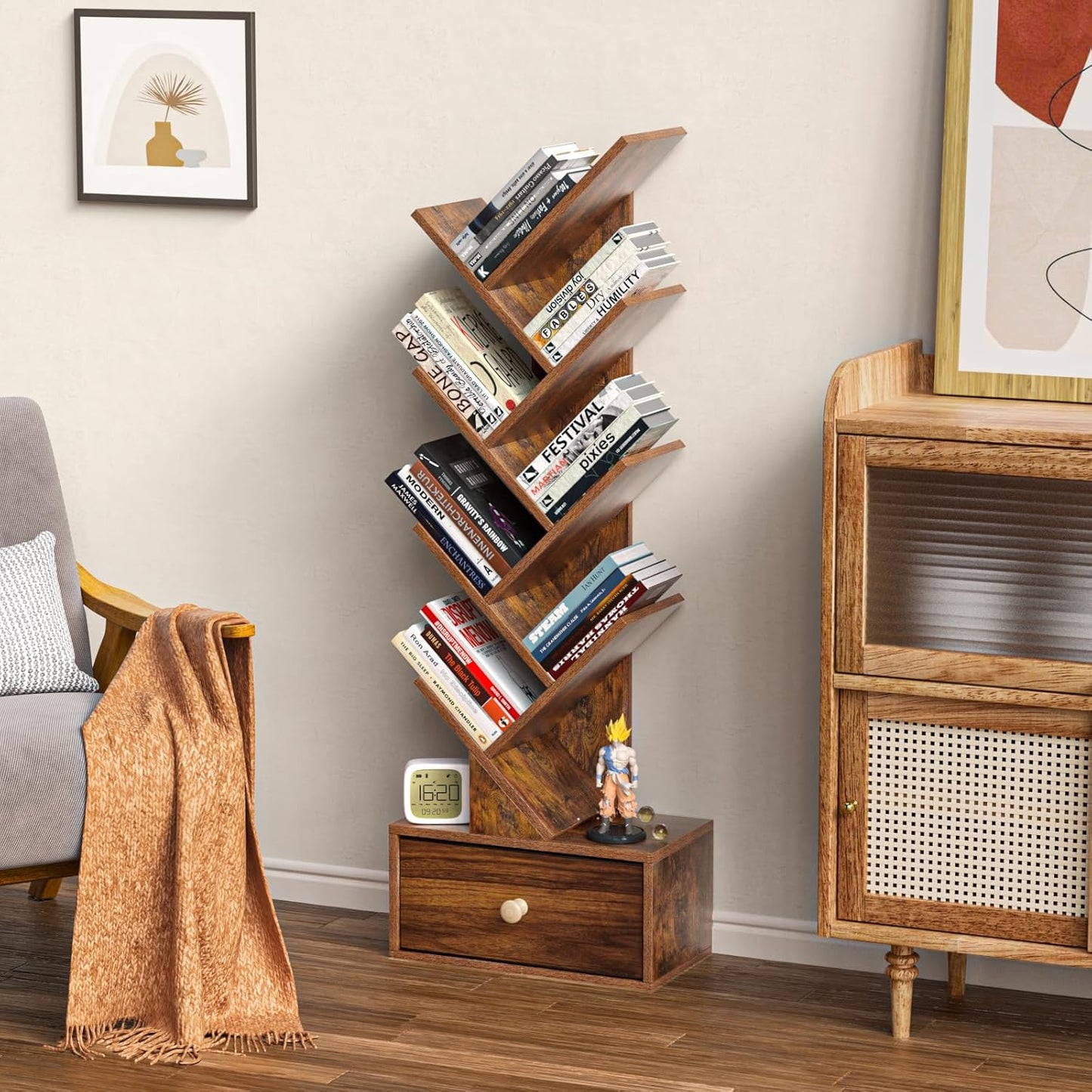 8 Tier Tree Bookshelf with Drawer, Free Standing Wood Bookcase for Narrow Space, Storage Organizer Bookshelves for Books, Book Case for Home Office, Living Room, Bedroom, Rustic Brown