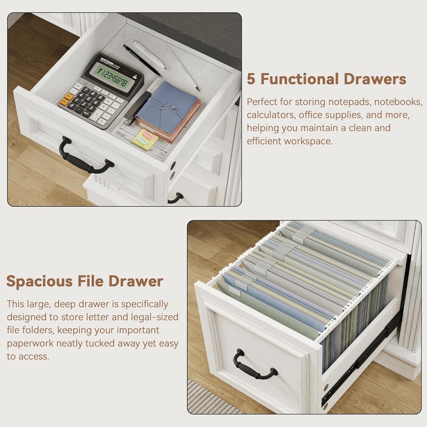 Farmhouse 57" Lift Desktop Executive Desk with 6 Drawers and Charging Station, Wood Home Office Computer Desk with File Cabinet Storage, Keyboard Tray,Headphone hook for Work,Study, Antique White