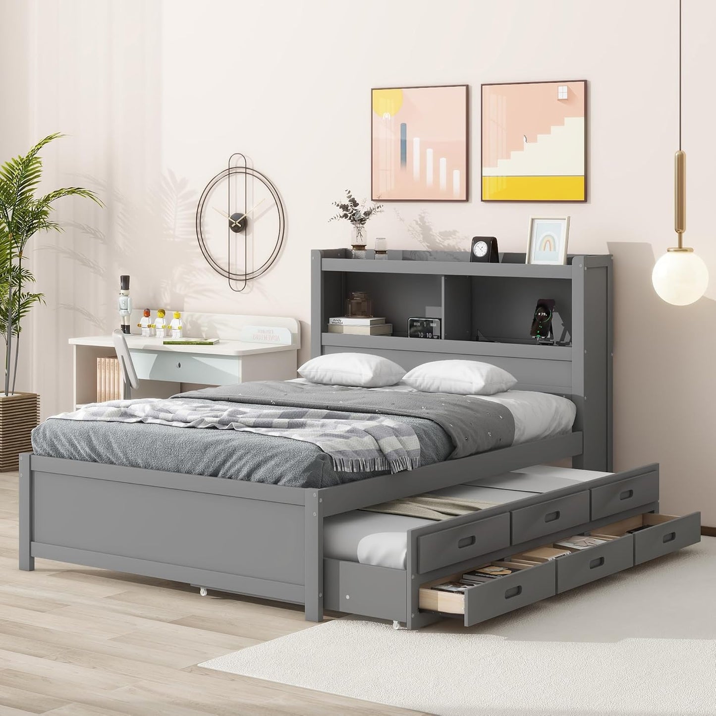 Full Size Pine Wood Platform Bed with Trundle,Drawers,2 Ports and 2 USB Plugs,Storage Bed with Pull Out Shelves,No Box Spring Needed,Perfect for Adults,Teens Bedroom Furniture,Gray