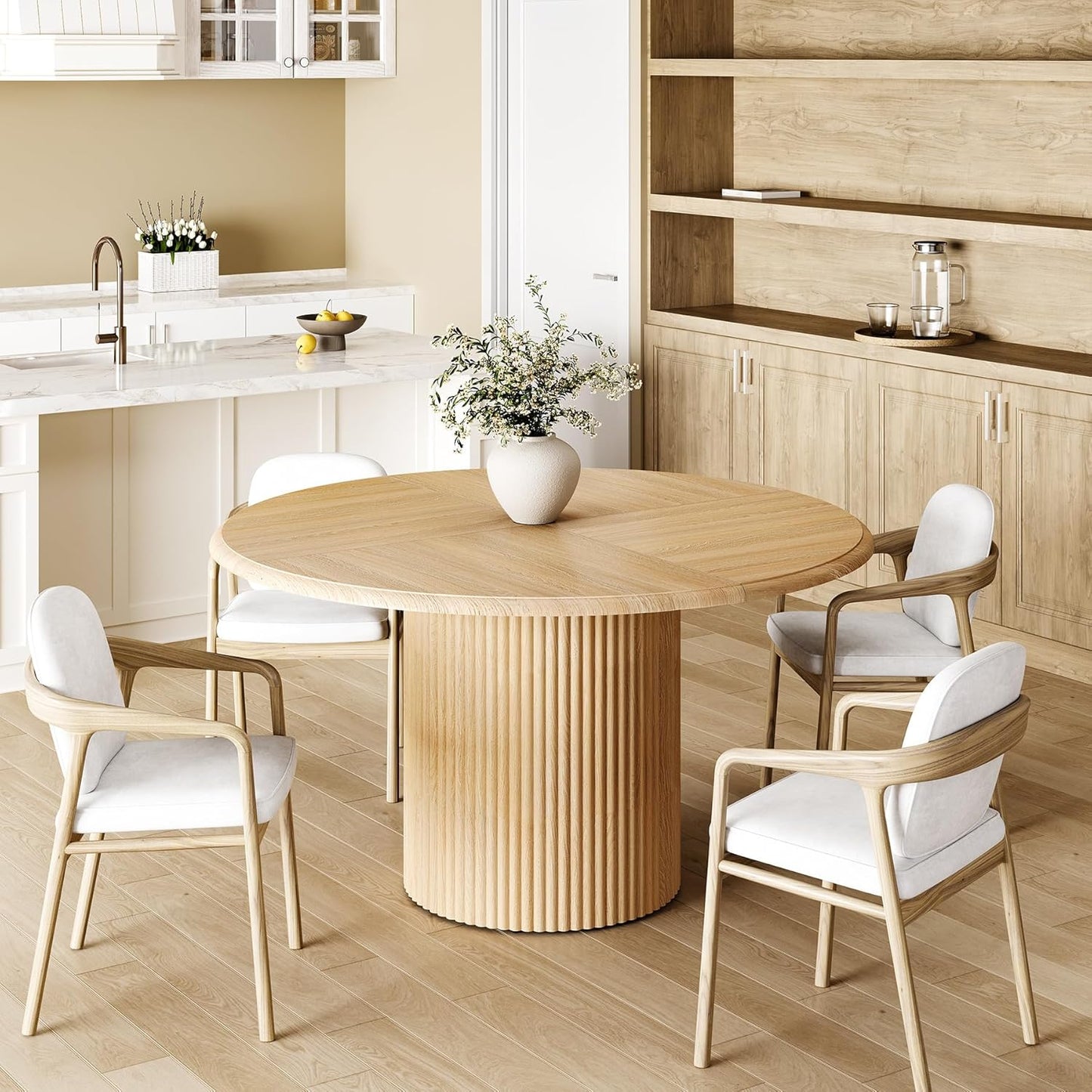 LITTLE TREE 47 Inches Round Dining Table for 4, Farmhouse Natural Wooden Dining Room Table with Fluted Pedestal, Large Circle Kitchen Dinner Table for Dining Room, Living Room (Table Only)