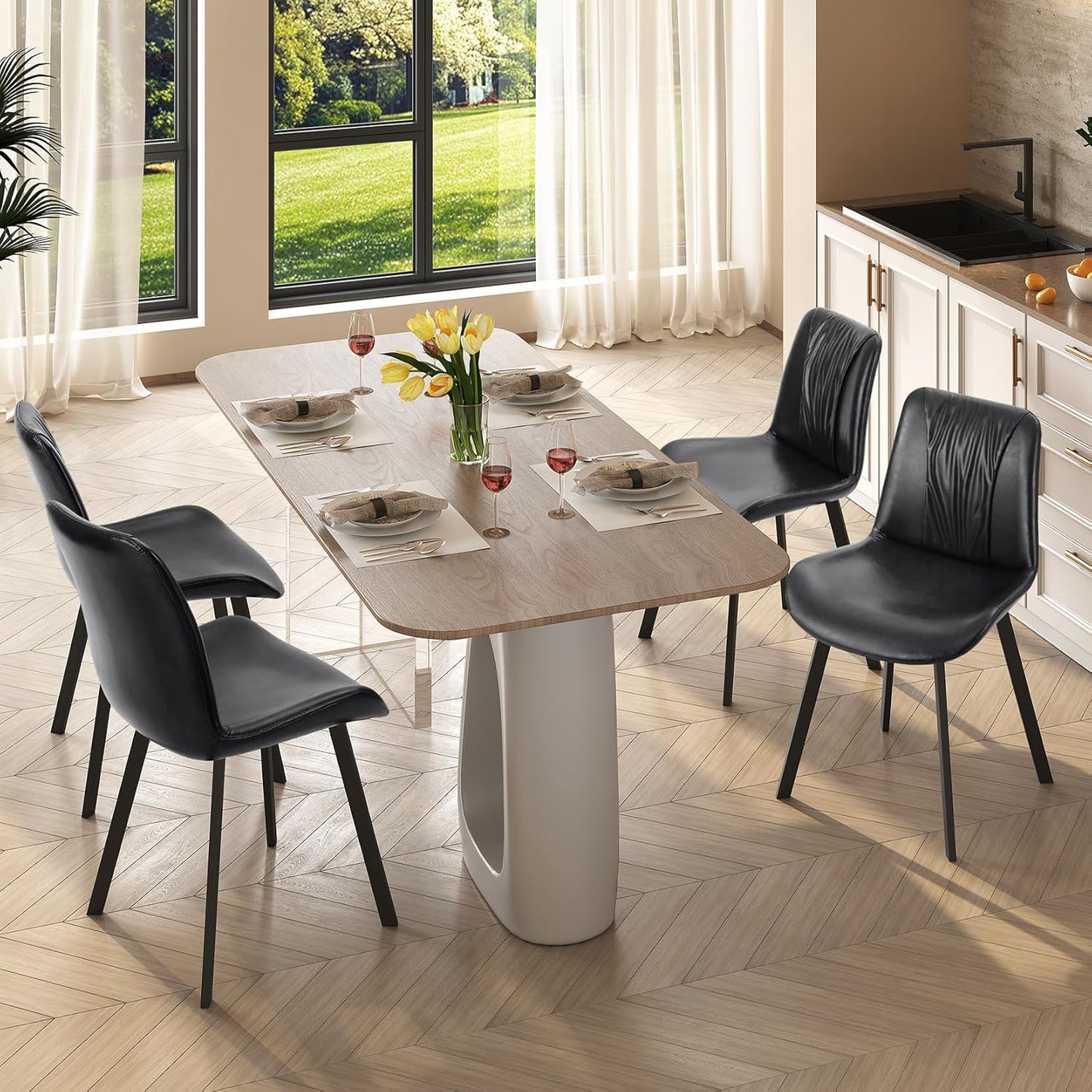 Upholstered Dining Chairs Set of 2, Modern Kitchen & Dining Room Chairs, Faux Leather, Sturdy Metal Legs, for Living Room, Cafe & Restaurant- Black