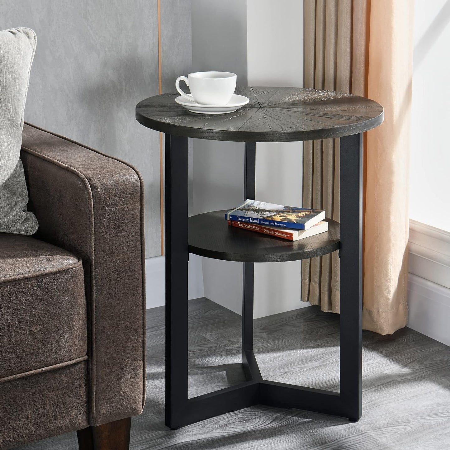 MODERION Small Round End Table with Storage Shelf, Circular Solid Wood Sofa Side Metal Leg, 2-Tier Telephone Table, Nightstand, 24''H x 19.3''D for Living Room Bedroom Entryway Brushed Black BZ1338BK