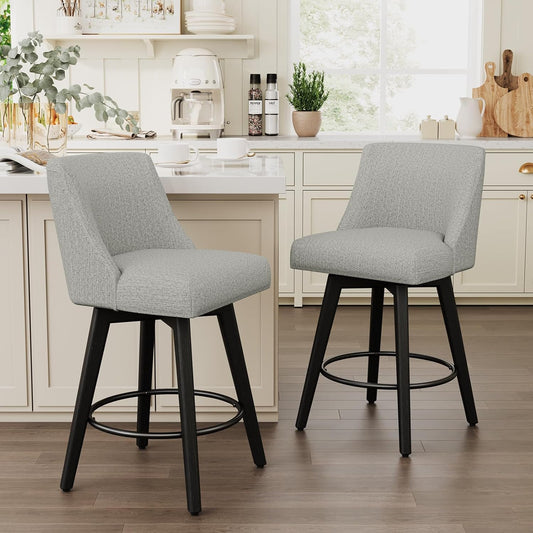 Vipbear Swivel Counter Height Bar Stools Set of 2,26.8" H Counter Stools with Back, Mid Century Modern Bar Stools for Kitchen Island,Linen Fabric,Wooden Base, Light Gray