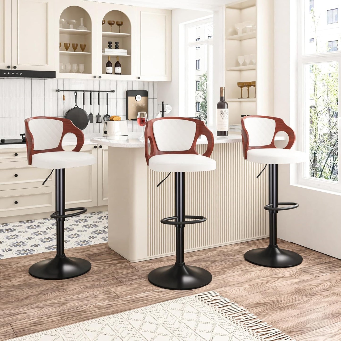 VECELO BarStools Set of 2,Counter Height Stools with Bentwood Back&Arm, Swivel Barstools,PU Leather Kitchen Island Stools, Adjustable Height Bar Chairs for Club Pub Dining Room,Pearl White