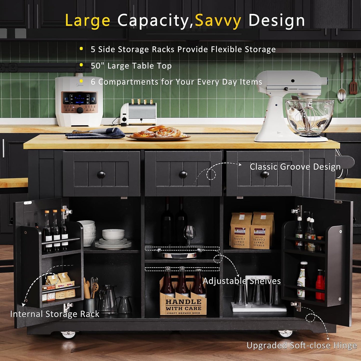 53" Large Kitchen Island with 2 Bar Stools,Power Outlet & Door Internal Storage Rack,Kitchen Storage Cart on 5 Wheels W/Drop Leaf,5 Open Side Racks & 3 Drawers,for Kitchen,Dining Room,Black