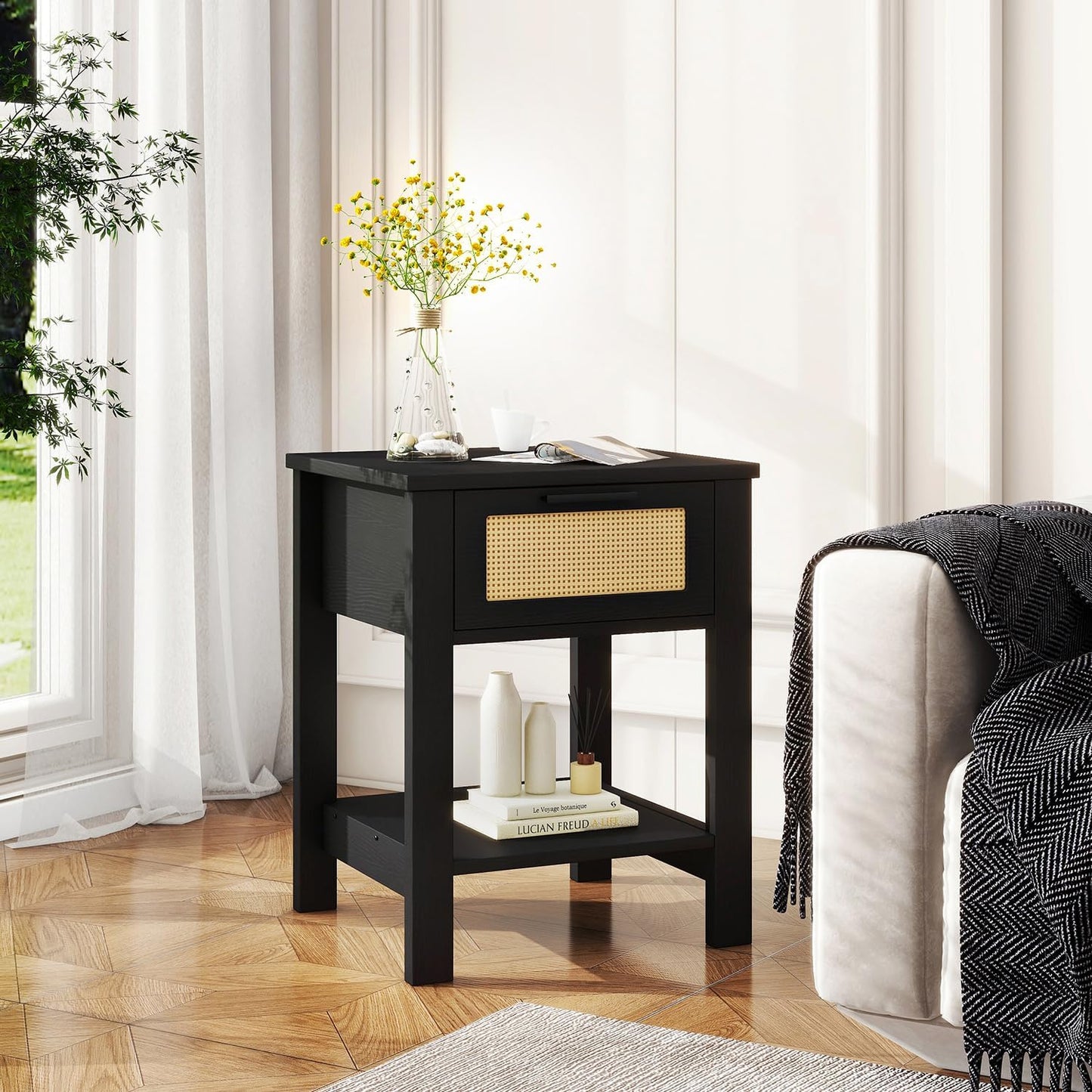 IBUYKE Rattan Nightstand, Boho Night Stand with Drawer, Wood Bedside Tables with Storage Shelf, End Table with Legs for Bedroom, Black UWNS011B