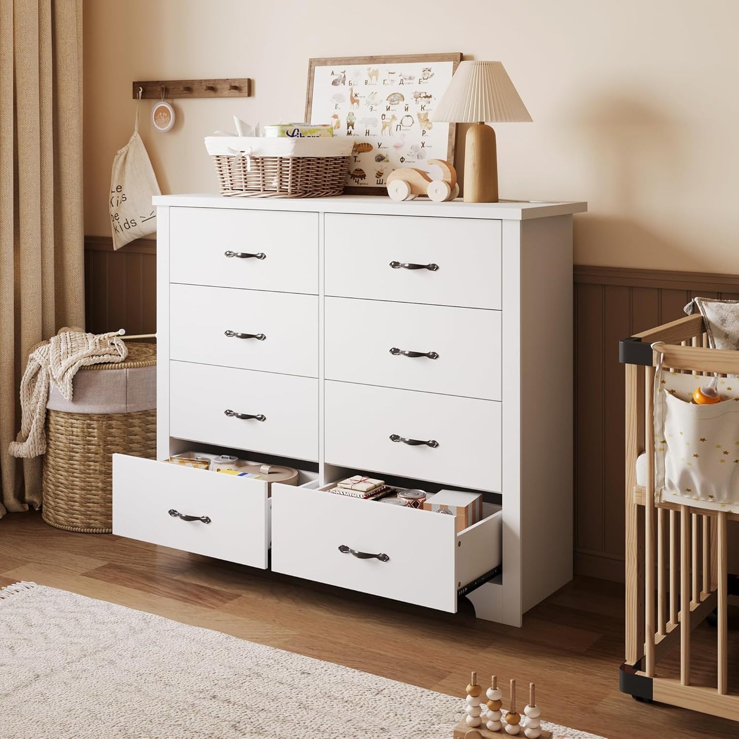 LINSY HOME White 8-Drawer Dresser - Modern Bedroom Chest with Wide Drawers, Wood Storage Organizer for Bedroom or Living Room