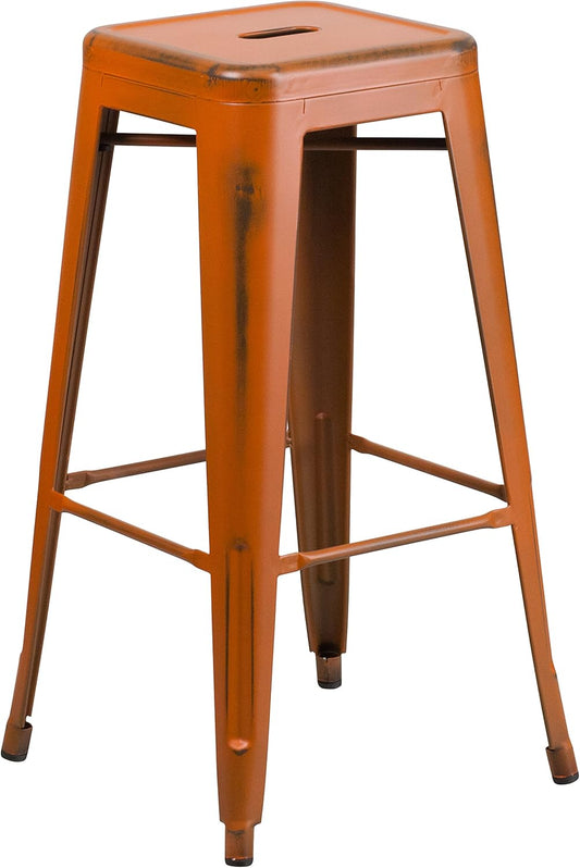 Flash Furniture Kai Commercial Grade 30" High Backless Distressed Orange Metal Indoor-Outdoor Barstool