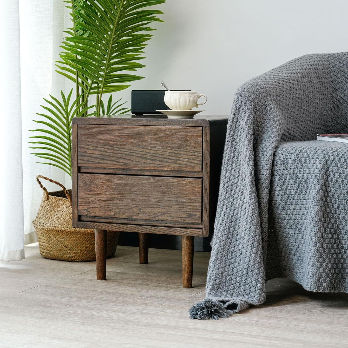 Night Stand, Mid Century Modern Nightstand w/2 Drawers, Boho Small Bedside Table, Oak Solid Wood, 17.72 W x 15.75 D x 19.69 H Inches (Walnut, Double Drawer)