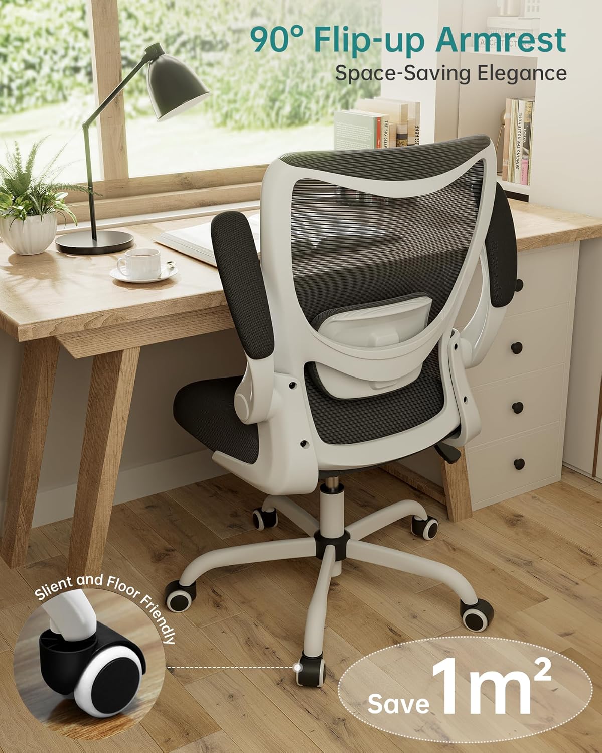 Office Chair, Ergonomic Desk Chair with Adjustable Lumbar Support and Flip up Armrest, Breathable Mesh Computer Chair for Home Office, White