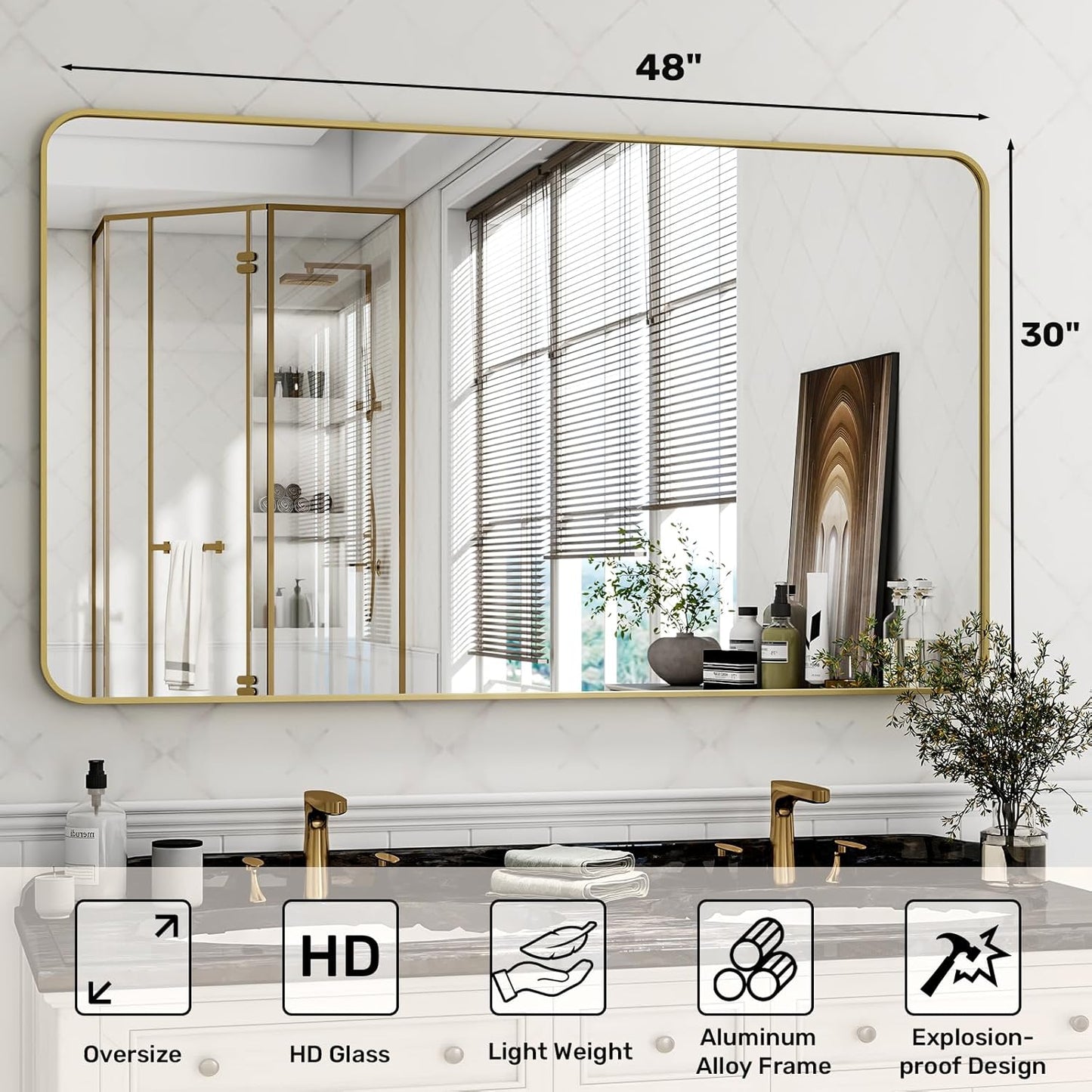 30 x 48 Inch Bathroom Mirror, Rounded Rectangular Vanity Mirror for Wall, Modern Mirror for Room Decor, Gold Framed Wall-Mounted Mirrors for Home Decor, Hangs Horizontally or Vertically