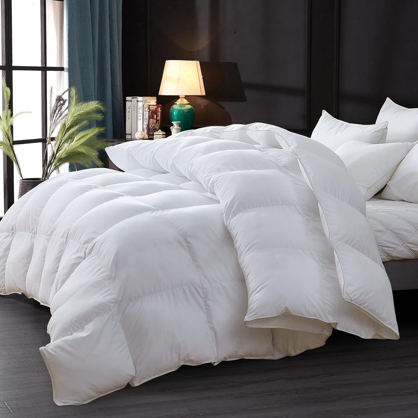 Luxurious All-Season Goose Down Feather Fiber Comforter King Size Duvet Insert, Premium White Solid Plain Design, Premium Baffle Box, 100% Egyptian Cotton, 80 oz Fill Weight