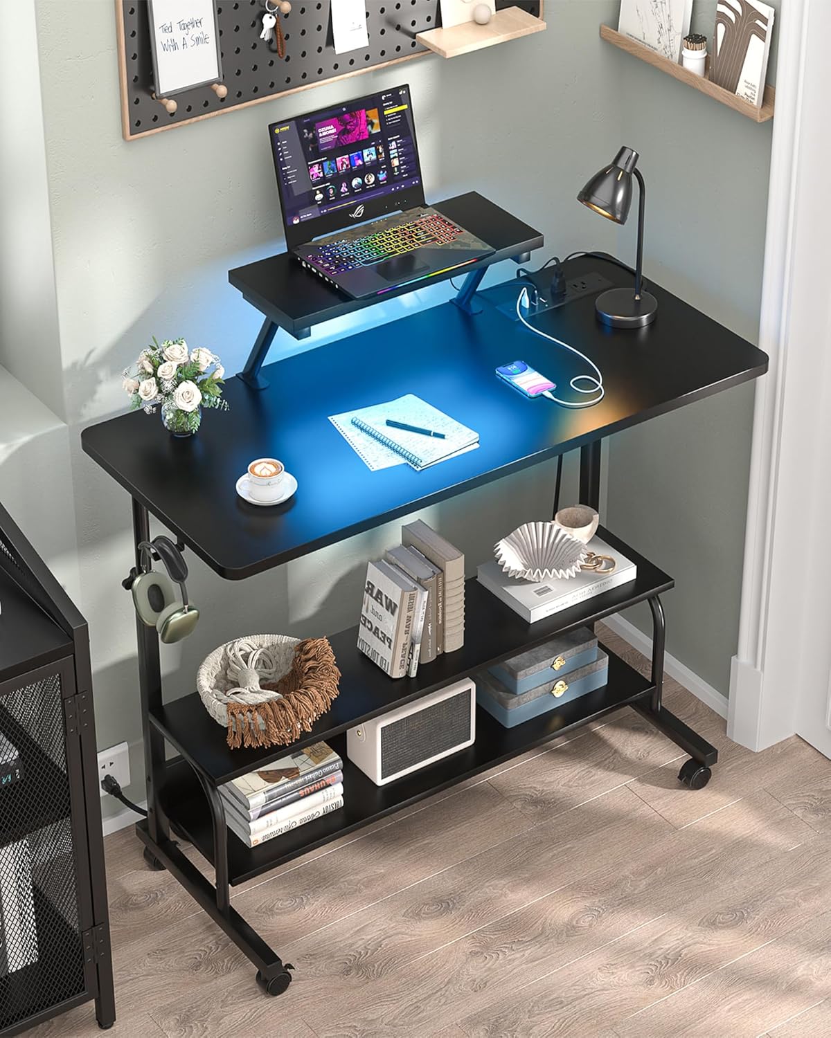 Height Adjustable Standing Desk with Power Outlets and LED Lights - 39" Manual Stand Up Desk with Monitor Stand and Storage Shelves Small Mobile Rolling Computer Desk Portable Laptop Table, Black