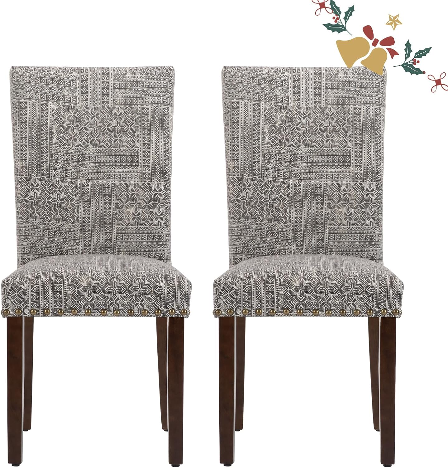 Parsons Dining Chairs Set of 2, Upholstered Nailhead Dining Room Kitchen Side Chair with Thick Cushions and Wood Legs, Black/White