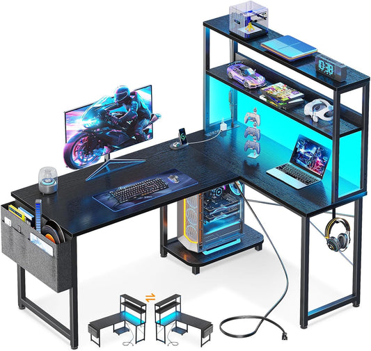 Casaottima Gaming Desk with Power Outlets & LED Lights, 43 Inch Reversible L Shaped Computer Desk with Shelves & Storage Bag, Corner Desk for Home Office, Black