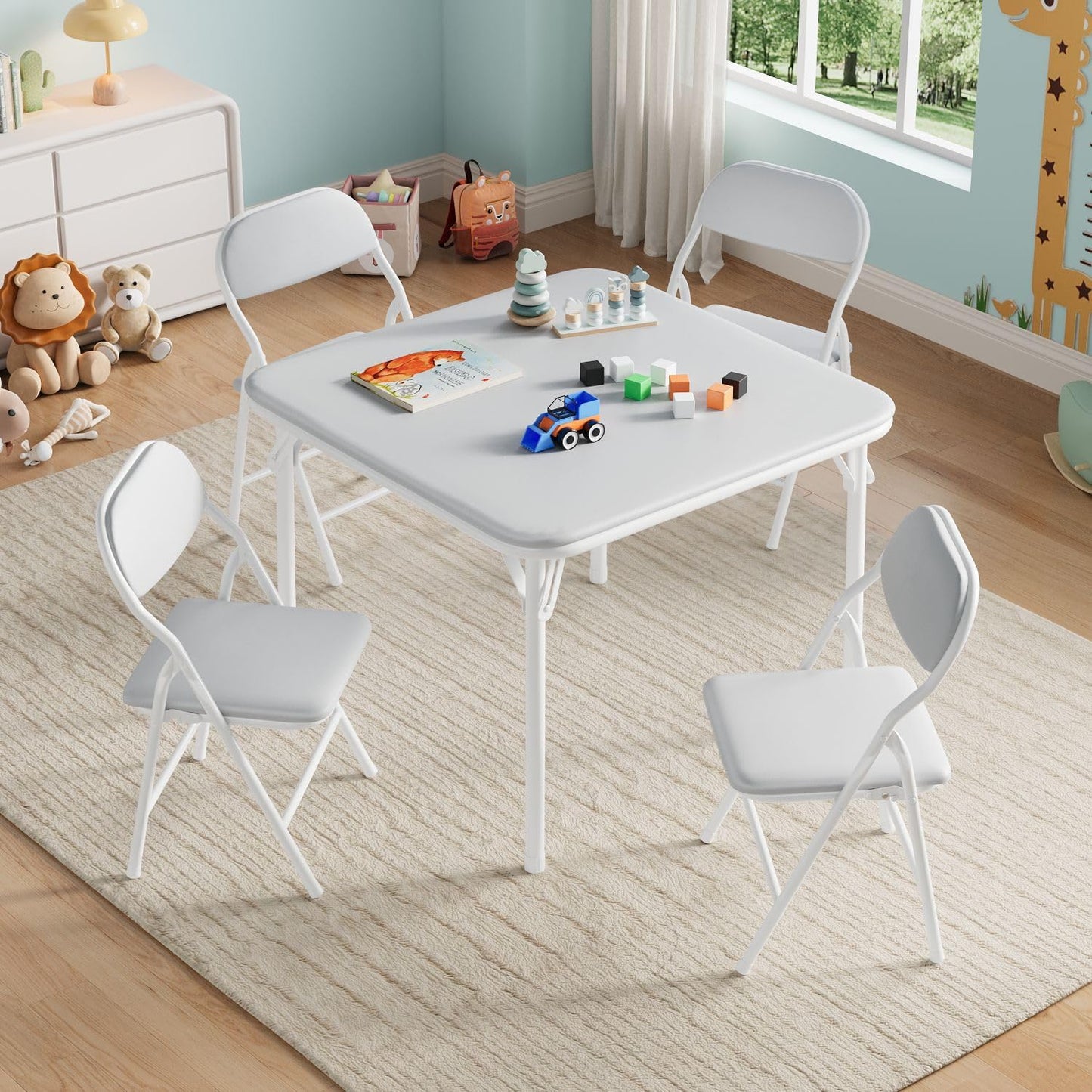 IDEALHOUSE 5 Piece Folding Kids Table and Chairs Set, Children Activity Table and Chairs Set for Dining Room,Daycare,Classrooms