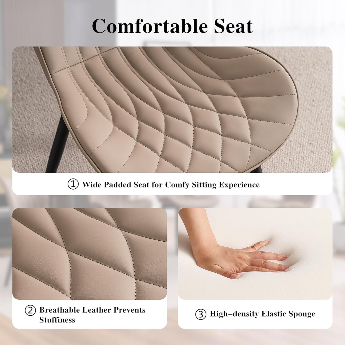 YOUNIKE Dining Chairs Set of 2, Upholstered Leather Kitchen Dining Room Chairs, Modern Living Room Chairs with Wide Curved Back and Metal Legs, Khaki Taupe