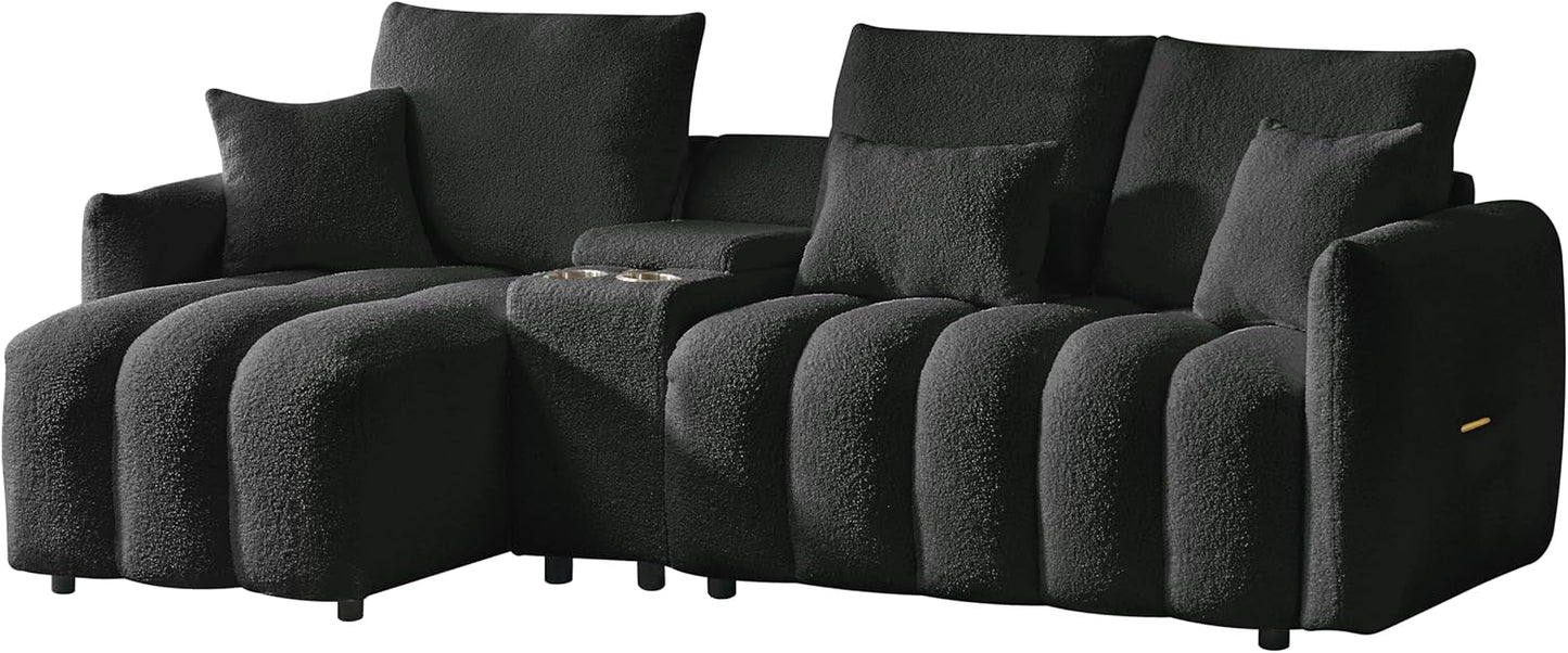 92-Inch Teddy Boucle Tufted Sofa Couch with Storage Console and Chaise Lounge, L-Shaped Left Facing Corner Sectional Sofa Couch with Cupholders, USB Ports and Golden Accent for Living Room Office