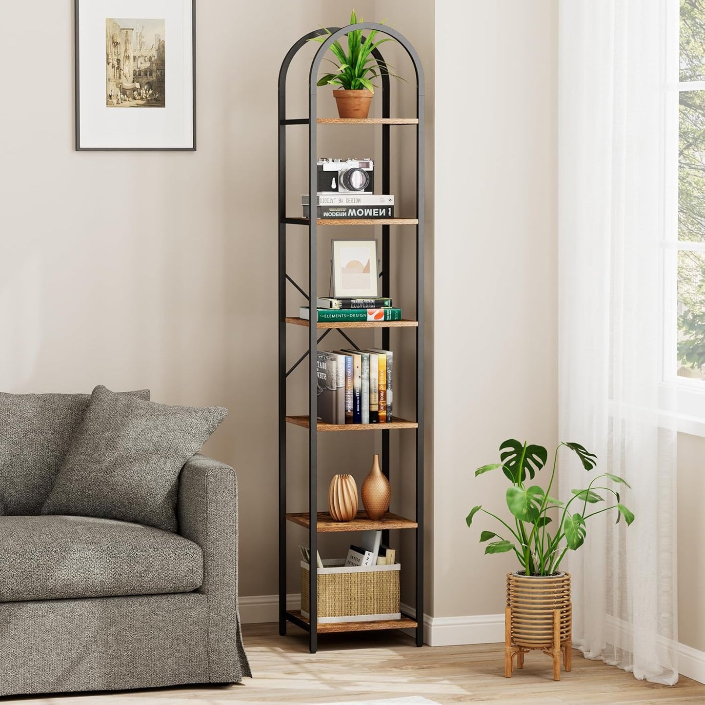 Homhedy 6-Tier Narrow Bookshelf Arched Display Racks, Wood and Metal Bookcase, Tall Bookshelf, Industrial Display Standing Shelf Unit, for Home Office, Living Room, Bedroom, Bathroom