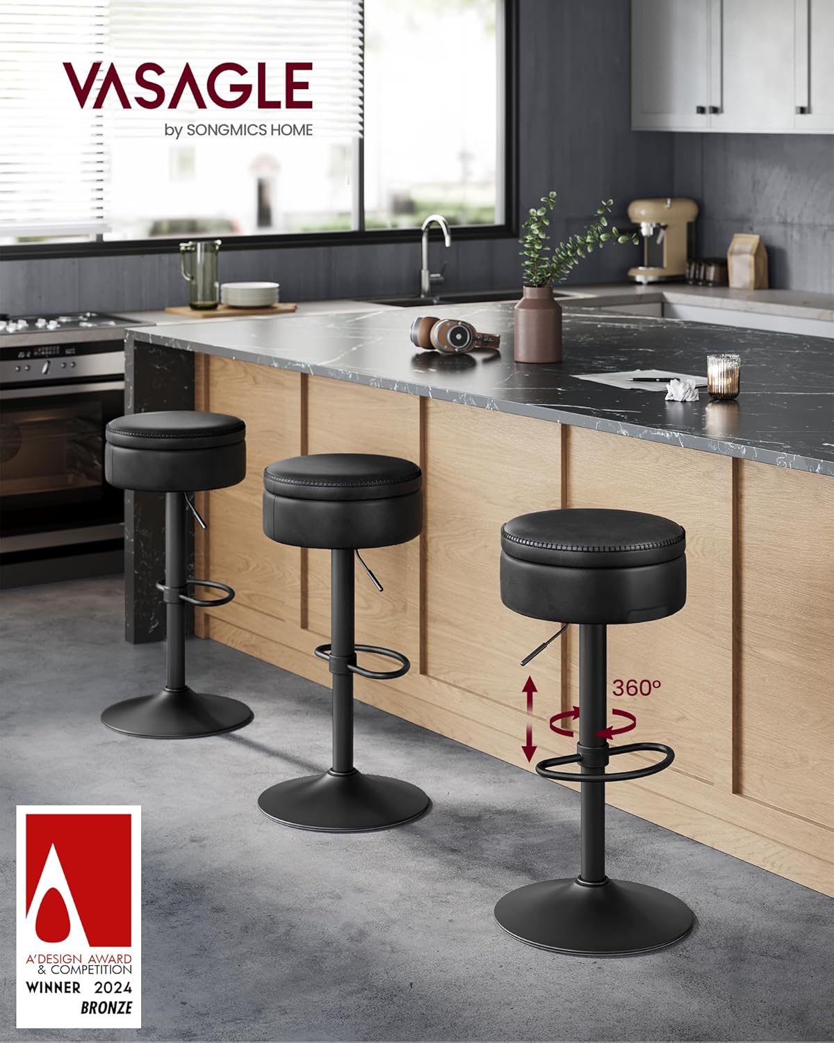 VASAGLE EKHO Collection - 360° Swivel Bar Stool, Height Adjustable Barstool with Storage, Synthetic Leather with Stitching, Mid-Century Modern, Kitchen Bar, Easy Assembly, Ink Black