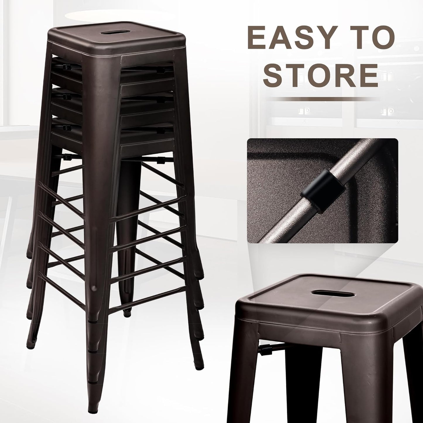 30 Inches Metal Bar Stools, High Backless Stools, Indoor Outdoor Stackable Kitchen Stools, Set of 4, Brown