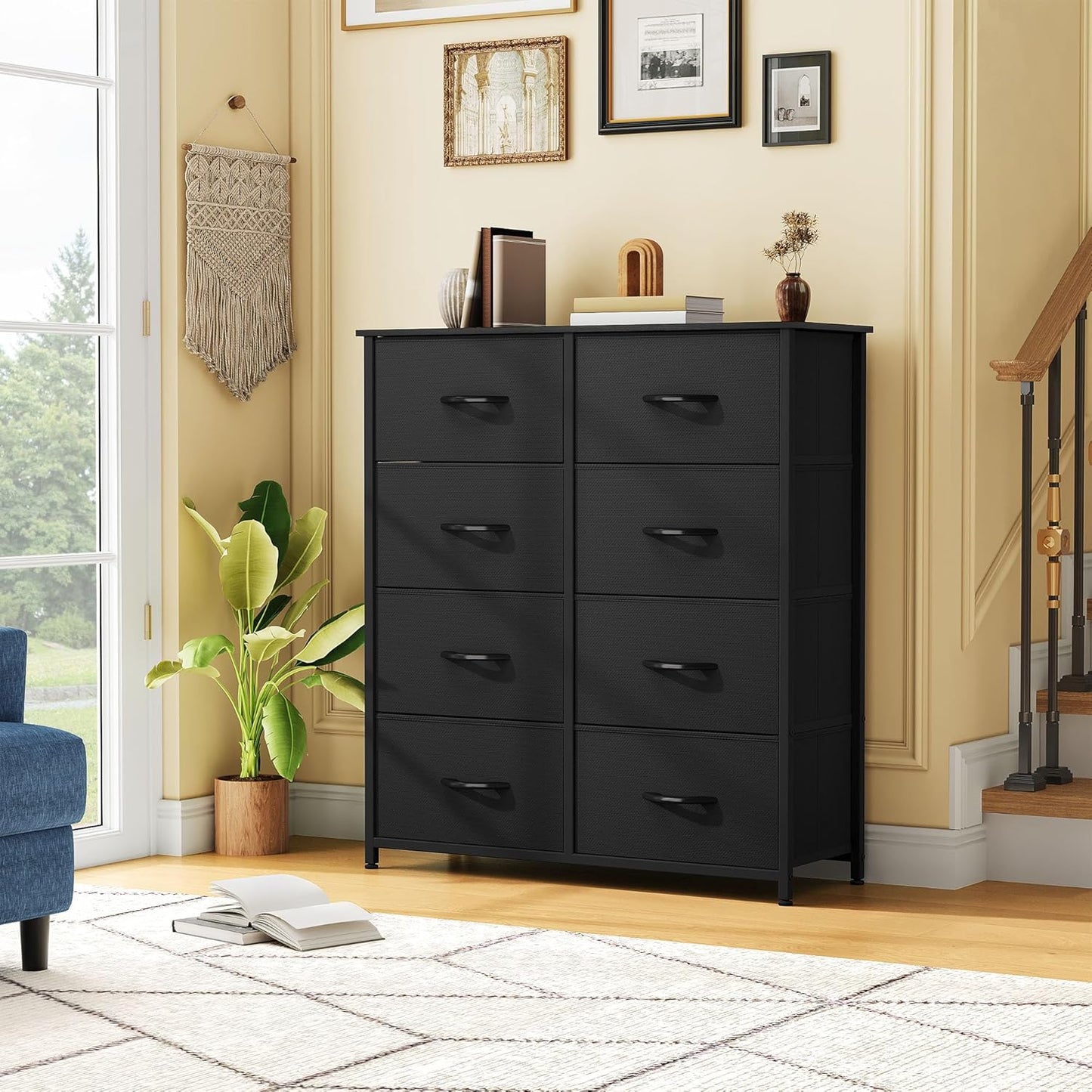 DWVO Fabric Dresser for Room, Tall Storage 8 Drawers, Black Dresser & Chest of Drawers, Storage Drawer Organizer for Closet, Living Room