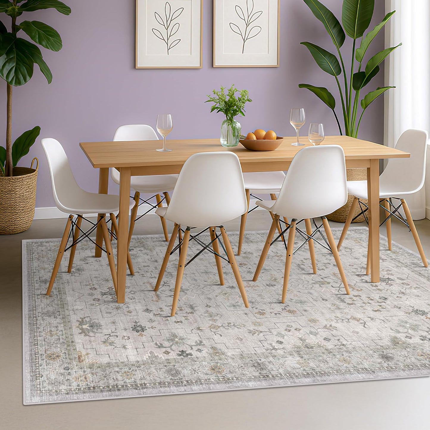 Boho Light Grey 5x8 Living Room Rug - Modern Vintage Eclectic Floral Pastel Neutral Taupe, Washable Low Pile Non-Slip Large Area Rugs for Nursery Dining Under Table Bedroom Lounge