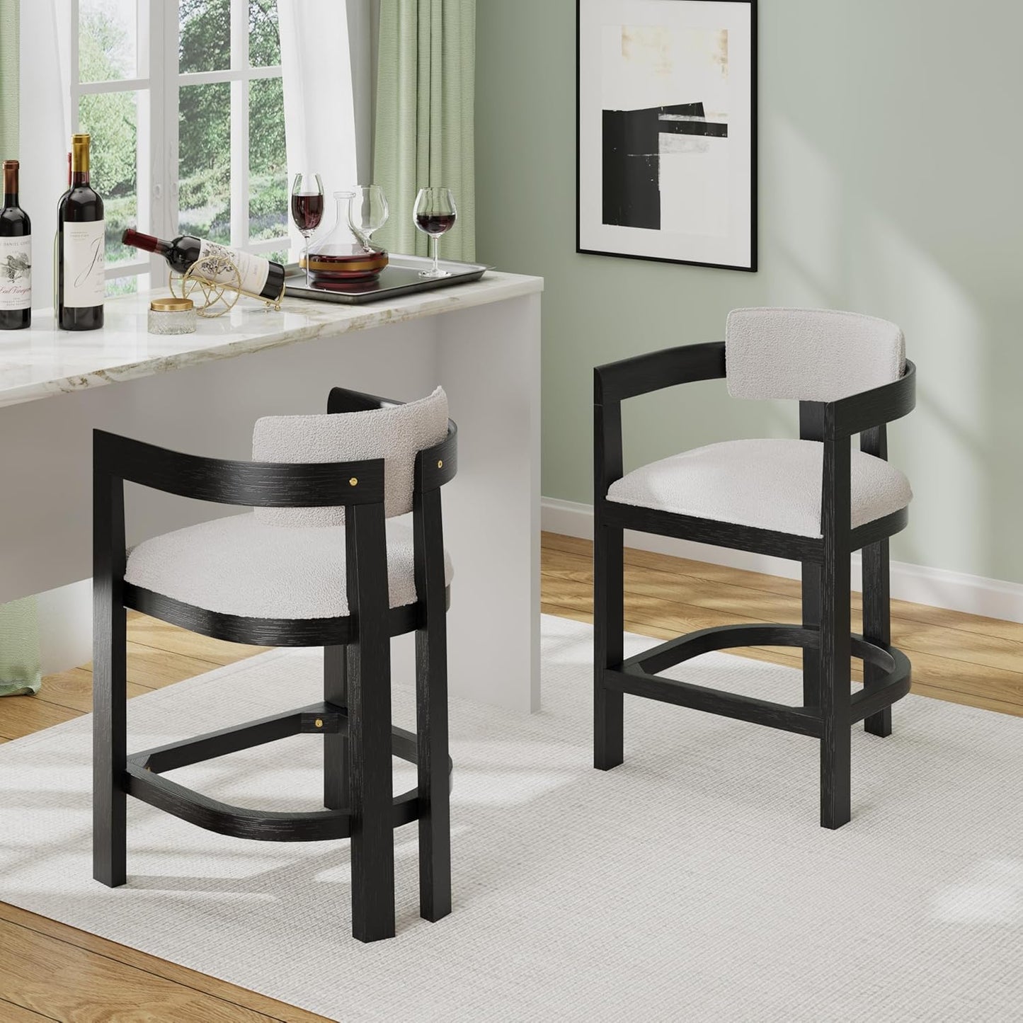 Christopher Knight Home Set of 2 Ryland Modern 26" Counter Height Bar Stools, Boucle Fabric Upholstered Counter Stools,Wooden Kitchen Island Armchair with Footrest, Round Backrest, Milky White+Black