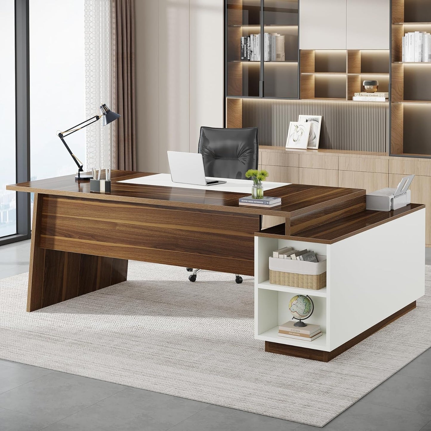 Tribesigns L-Shaped Executive Office Desk, 70.5-Inch Mid-Century Modern Executive Desk with Storage Cabinet and Shelves, Large Computer Desk for Home Office, Brown + White