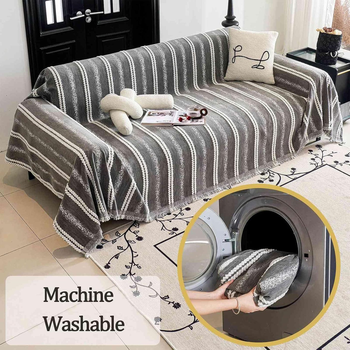 Couch Cover for Dogs Washable Sofa Cover, Sectional Couch Covers, Sofa Covers for 2 Cushion Couch, Non Slip Stripe Sofa Slipcovers Furniture Protector, Couch Protector from Cat Claws, Grey,71''x150''