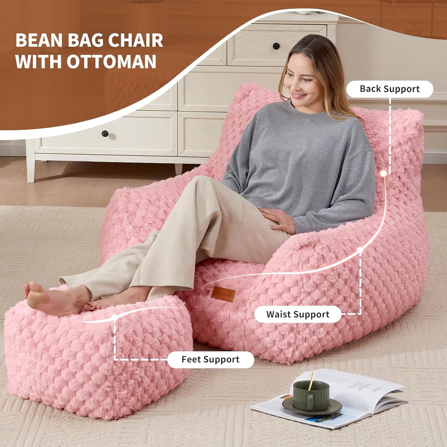 Bedroom Bean Bags Chair with Foot Stool, Comfy Reading Chair with Filler, Soft Faux Fur Pink Bean Bag Chair Lazy Beanbag Chairs for Adults, Gaming Bean Bag Chair