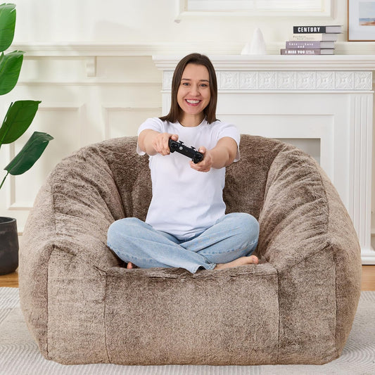 Bean Bag Chairs for Adults, Giant Beanbag Sofa Comfy Reading Chair, Oversized Bean Bag Chairs for Living Room Bedroom, Soft Faux Fur Fabric, 3.2FT, Khaki, Plush