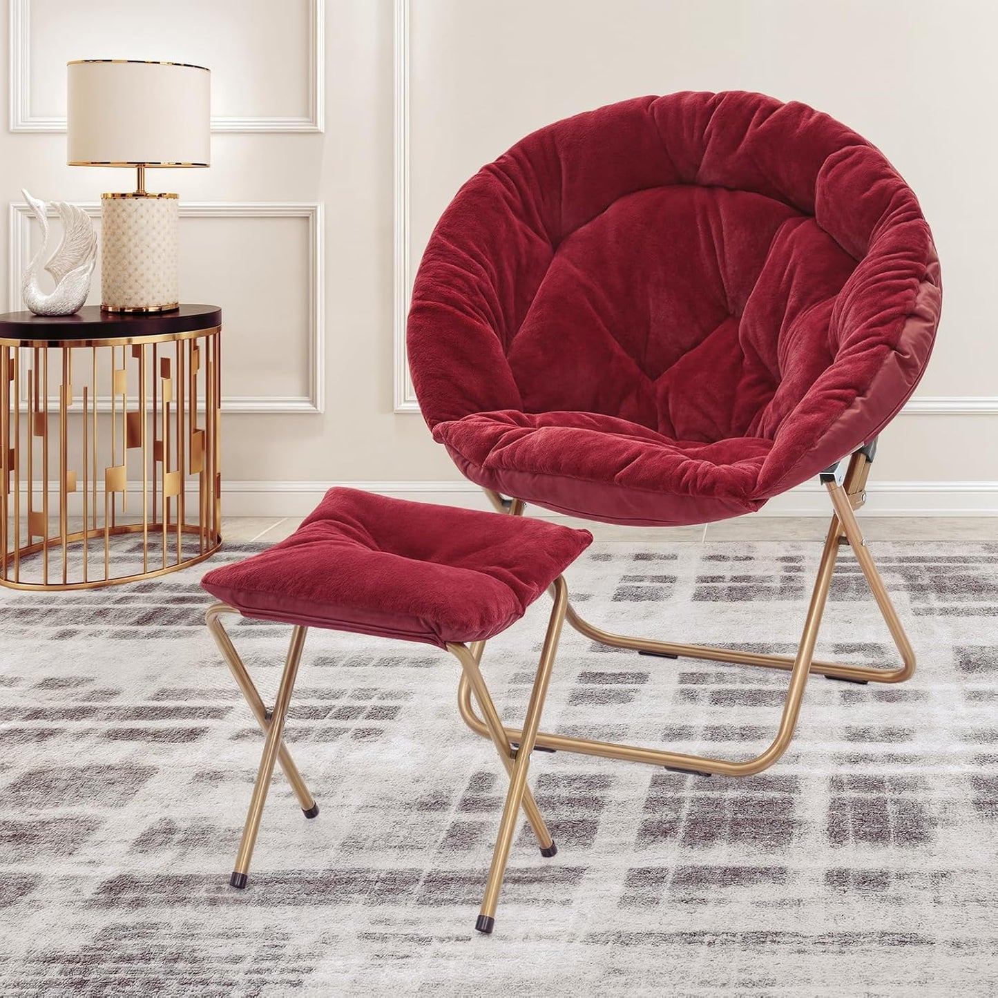 MoNiBloom Round Folding Faux Fur Saucer Chair for Bedroom Living Room Dorm Foldable Metal Frame Oversized Large Comfy Furry Padded Soft Cozy Moon Chair with Footrest Ottoman for Adults (Burgundy)