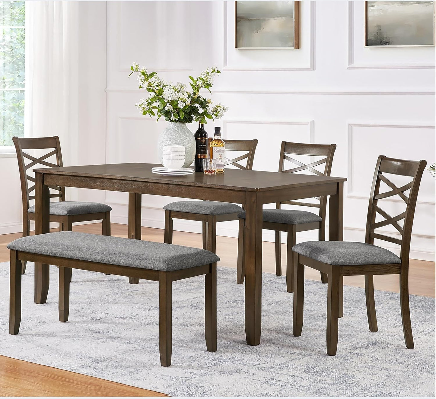 soges 6 Piece Kitchen Dining Set, Rectangular Wooden Dining Table with 4 Upholstered Chairs and a Bench, Morden Dining Table Set for 6 People, Living Room, Home Bar and Kitchen, Walnut