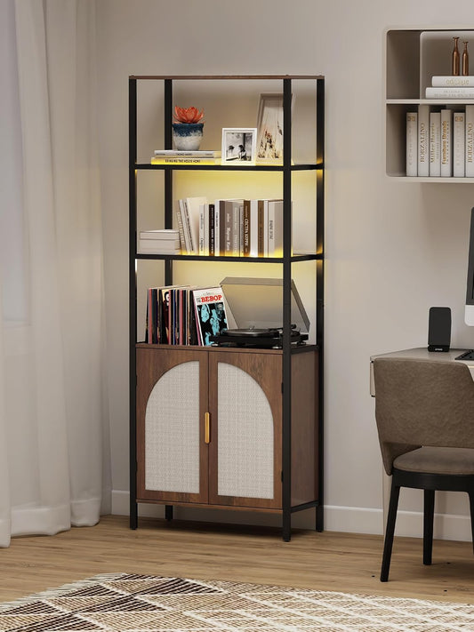 5 Tier Rattan Bookcase with Light 71" Tall Boho Bookshelf with Doors Large Bookcase with Adjustable Shelf Farmhouse Storage Cabinet Bookshelves for Living Room Bedroom Home Office Kitchen