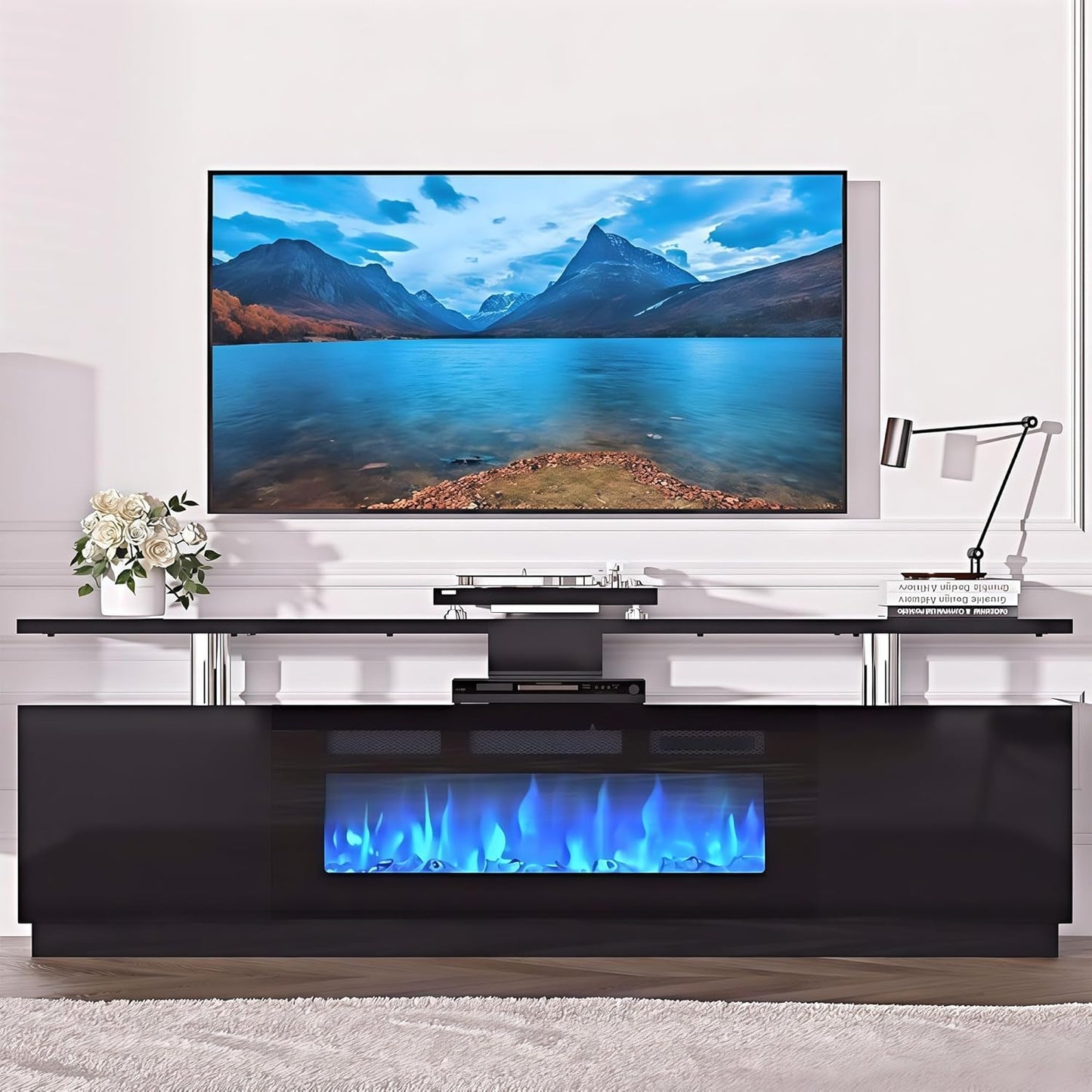 70" Fireplace TV Stand for TVs Up to 80", Entertainment Center with 36inch Fireplace, 12 Flame & LED Colors, 2-Tier TV Console & Storage Cabinet