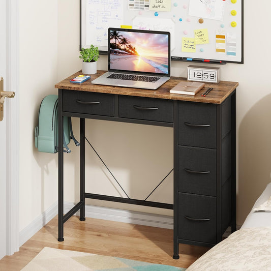 Small Desk with 5 Fabric Drawers, 33 Inch Computer Desk for Home Office, Simple PC Desks for Small Places, Kids Girls Teen Wrting Table Study Table for Bedroom Dorm, Rustic Brown
