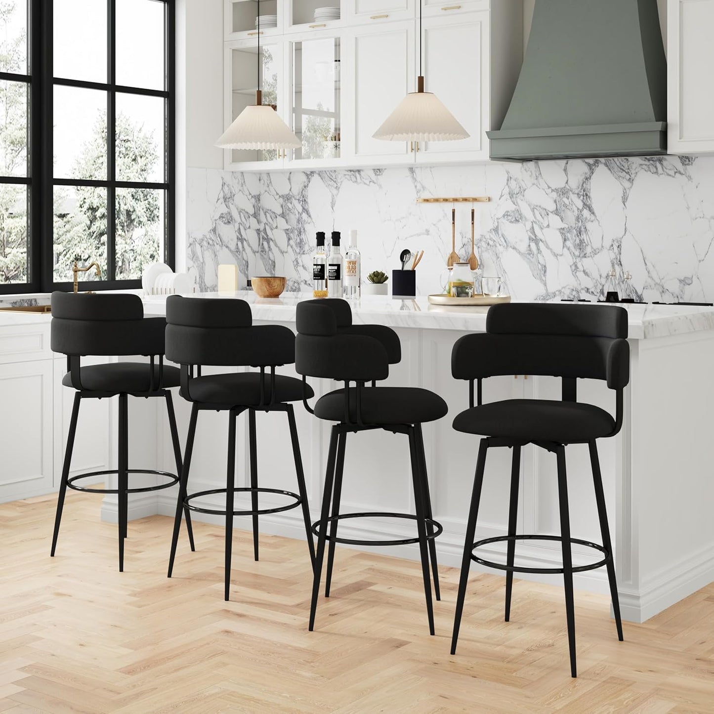 Swivel Bar Stools Set of 2, Counter Height Bar Stools with Ergonomic Full Back, Upholstered Linen Fabric Barstools with Chrome Metal Footrest for Kitchen Island, Dining Room