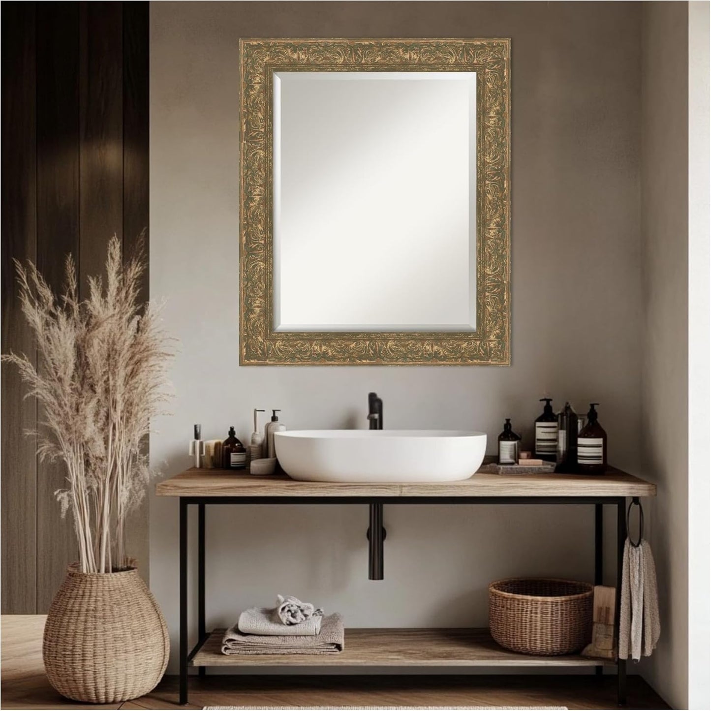 Amanti Art Bronze Bathroom Mirror for Over Sink, 29x35 Luxe Bronze Gold Rectangle Vanity Mirror, Large Traditional Frame, Hangs Horizonally and Vertically, Bathroom Wall Decor, Beveled Edge