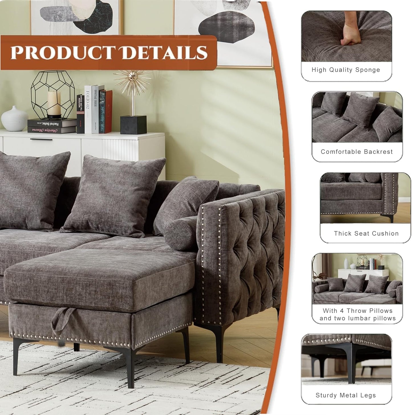 Ball & Cast 85" L Shaped Sectional Sofa with Storage Ottoman, Morden 3 Seater Tufted Couch with Nailhead Trim and Metal Legs for Living Room, Apartment, Office, Dark Gray