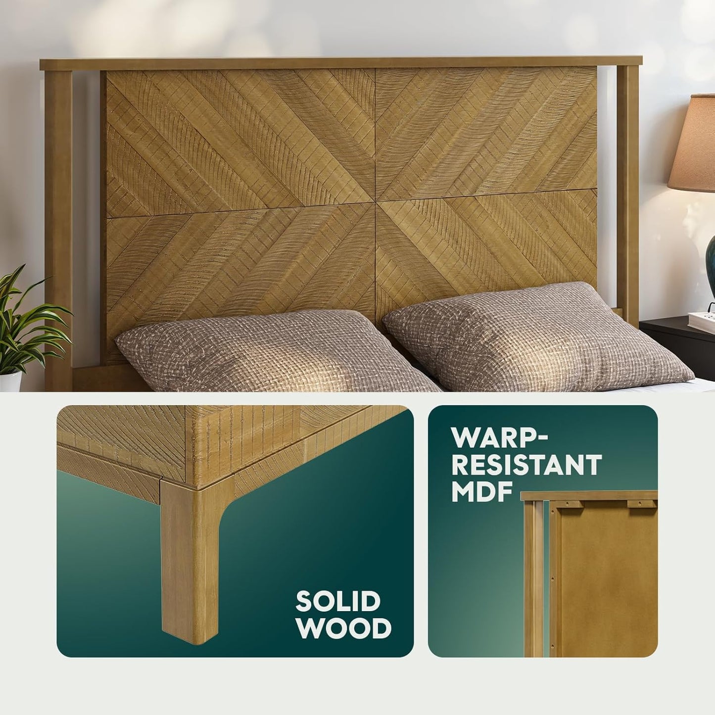 Bme Vivian 14 Inch Deluxe Bed Frame with Headboard, Rustic & Scandinavian Style with Solid Acacia Wood, No Box Spring Needed, 12 Strong Wood Slat Support, Easy Assembly, Queen, Rustic Seadrift