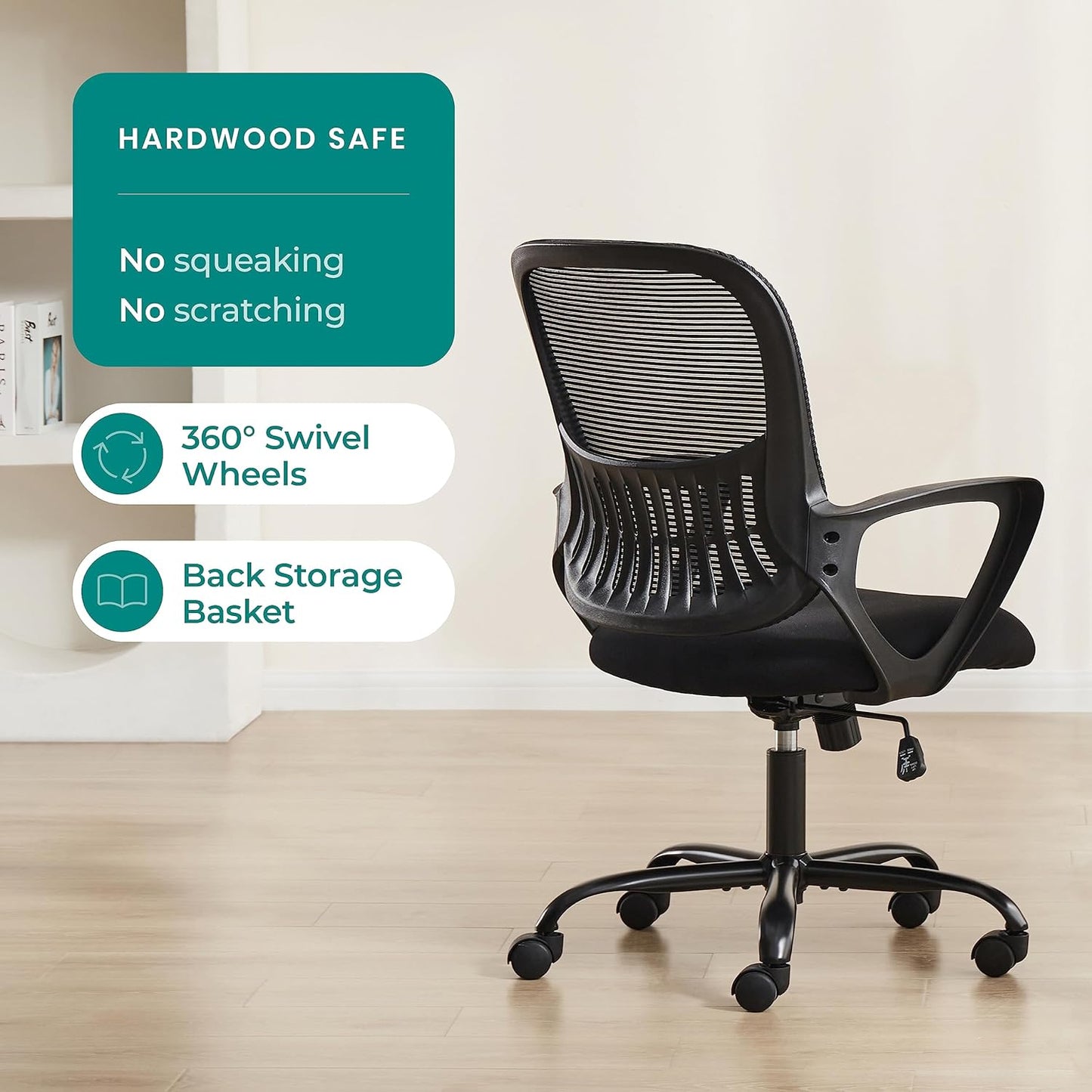 SMUG Office Computer Desk Chair, Ergonomic Mid-Back Mesh Rolling Work Swivel Task Chairs with Wheels, Comfortable Lumbar Support, Comfy Arms for Home, Bedroom, Study, Dorm, Student, Adults