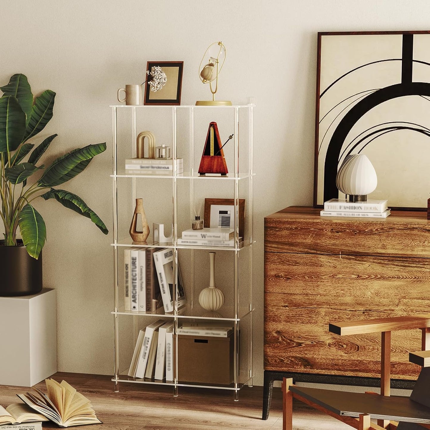 5-Tier Acrylic Bookshelf with 8 Cube Storage, Clear Bookcase for Home Office, Mordern, Multifunctional Open Book Shelves for Living Room, Bedroom, 50.8" H, Easy Assembly