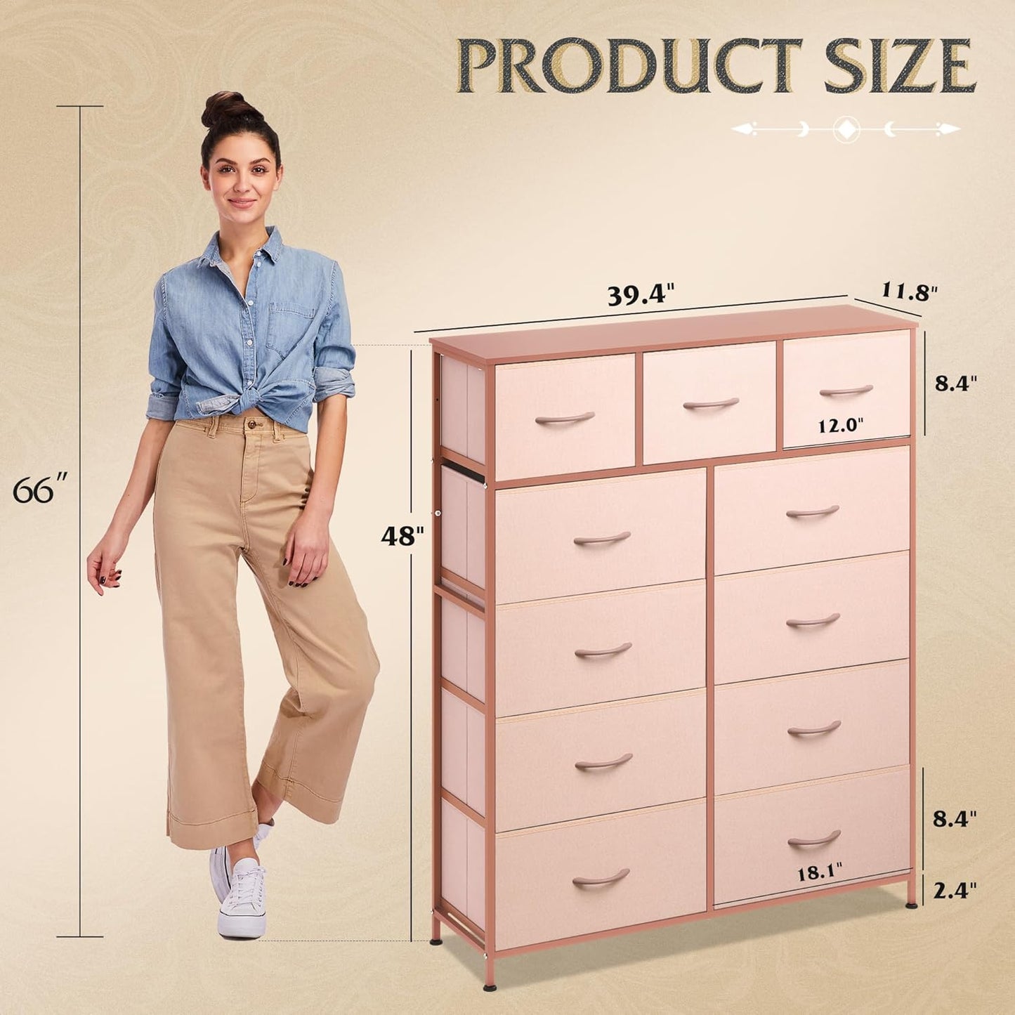 WLIVE Storage Organizer Unit with 11 Fabric Bins, Storage Drawers Organizer with Steel Frame, Tall Storage Tower Organizaton for Living Room, Hallway, Office, Office, Pink