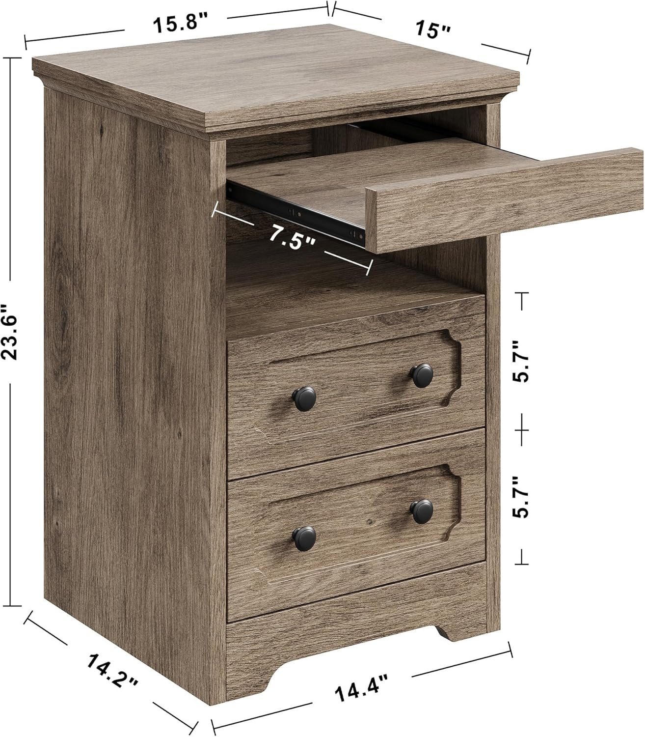 LIKIMIO Night Stand, Modern Bedside Table with 2 Drawers, Open Shelf, End Table with Pull-Out Tray, Wood SideTable, Grey Oak