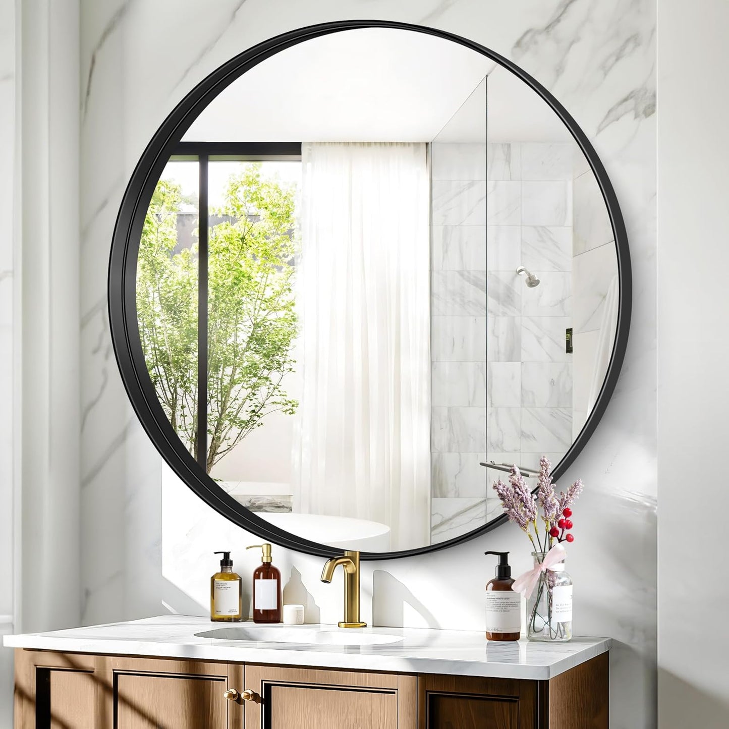 Black Round Mirror 42 inch Deep Frame Circle Mirror, Metal Frame Round Bathroom Mirror, Circle Mirrors for Wall Entryway Washroom Bedroom Living Room Hallway