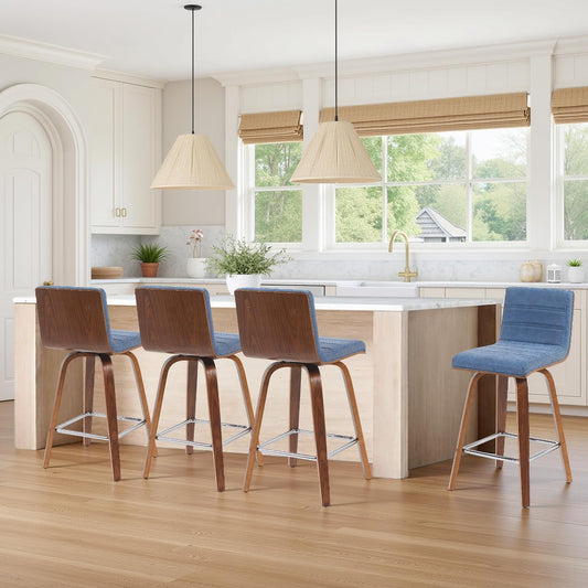 Vienna Modern Counter Height Swivel Bar Stool with Vintage Blue Upholstered Seat and Walnut Finished Wood Frame Set of 2