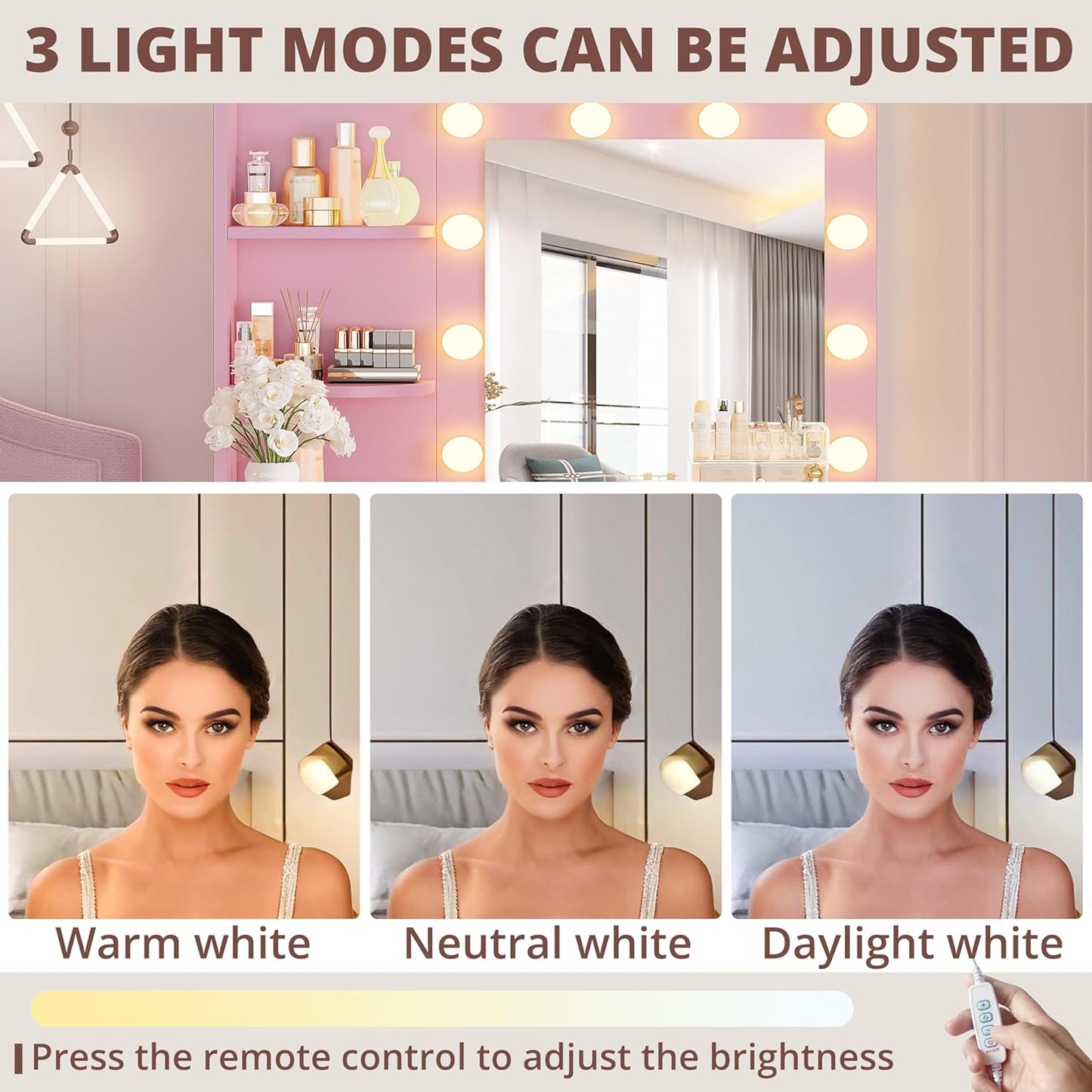 IRONCK Vanity Desk with Mirror and Lights, Small Makeup Vanity Table with 5 Drawers, Power Outlet, and Vanity Stool, 3 Lighting Colors, Dressing Table for Women Girls Bedroom, Pink