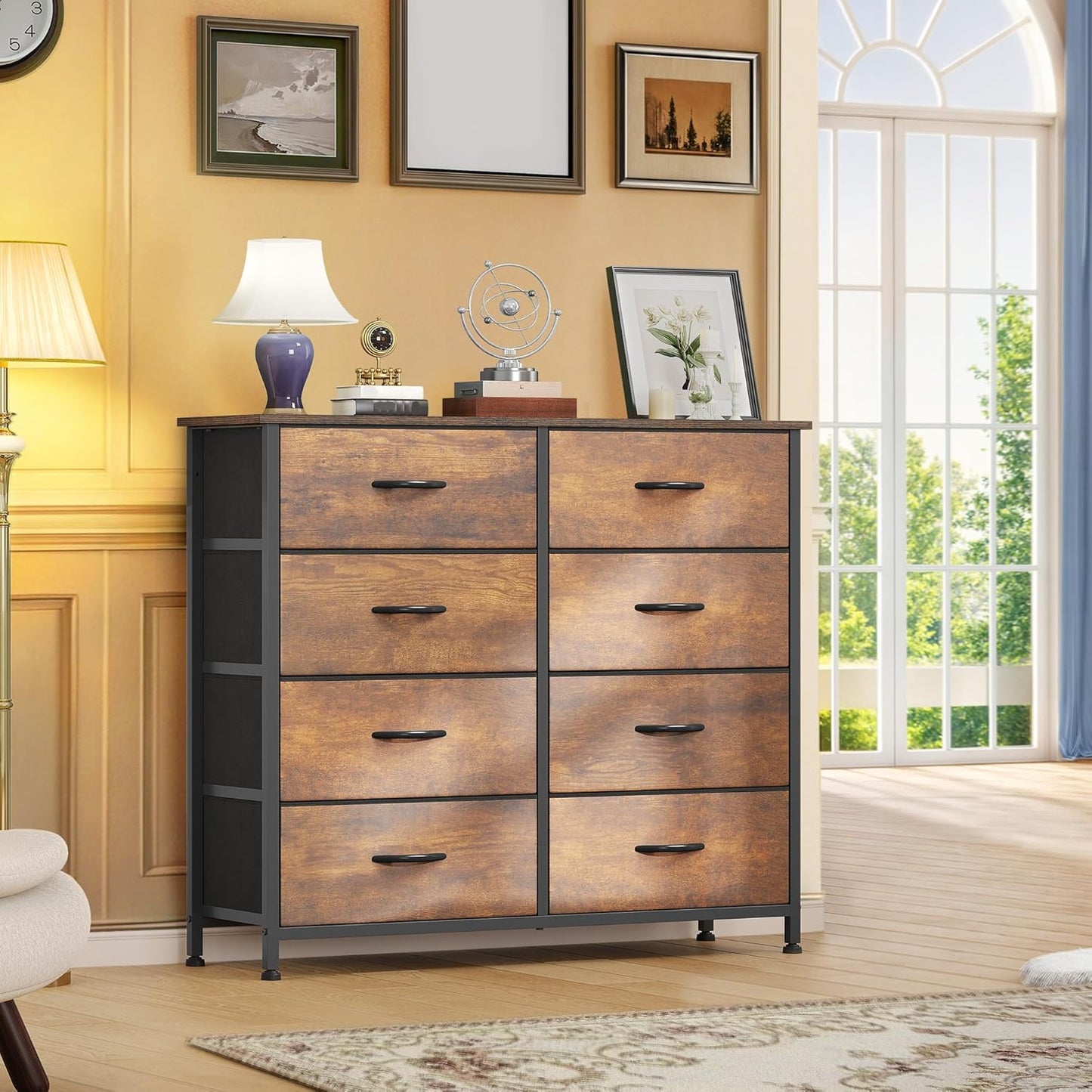 DWVO 8 Drawers Fabric Dresser, Furniture Storage Tower Cabinet, Organizer for Bedroom, Living Room, Hallway, Closet, Sturdy Steel Frame, Wooden Top, Easy-to-Pull Fabric Bins